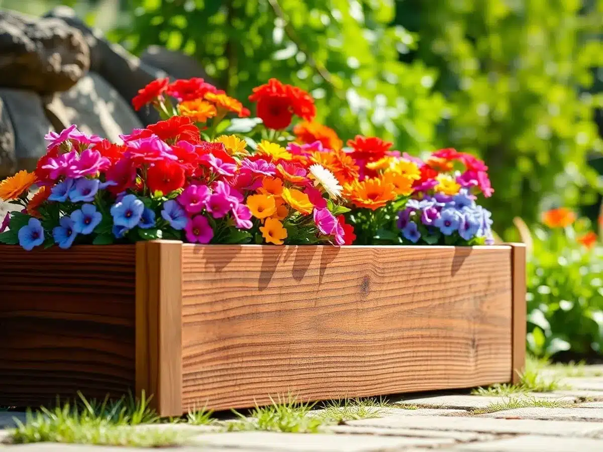 Wooden planter box with colorful flowers in sunlight.