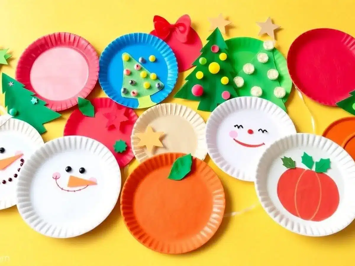 Colorful holiday-themed paper plate crafts for kids.