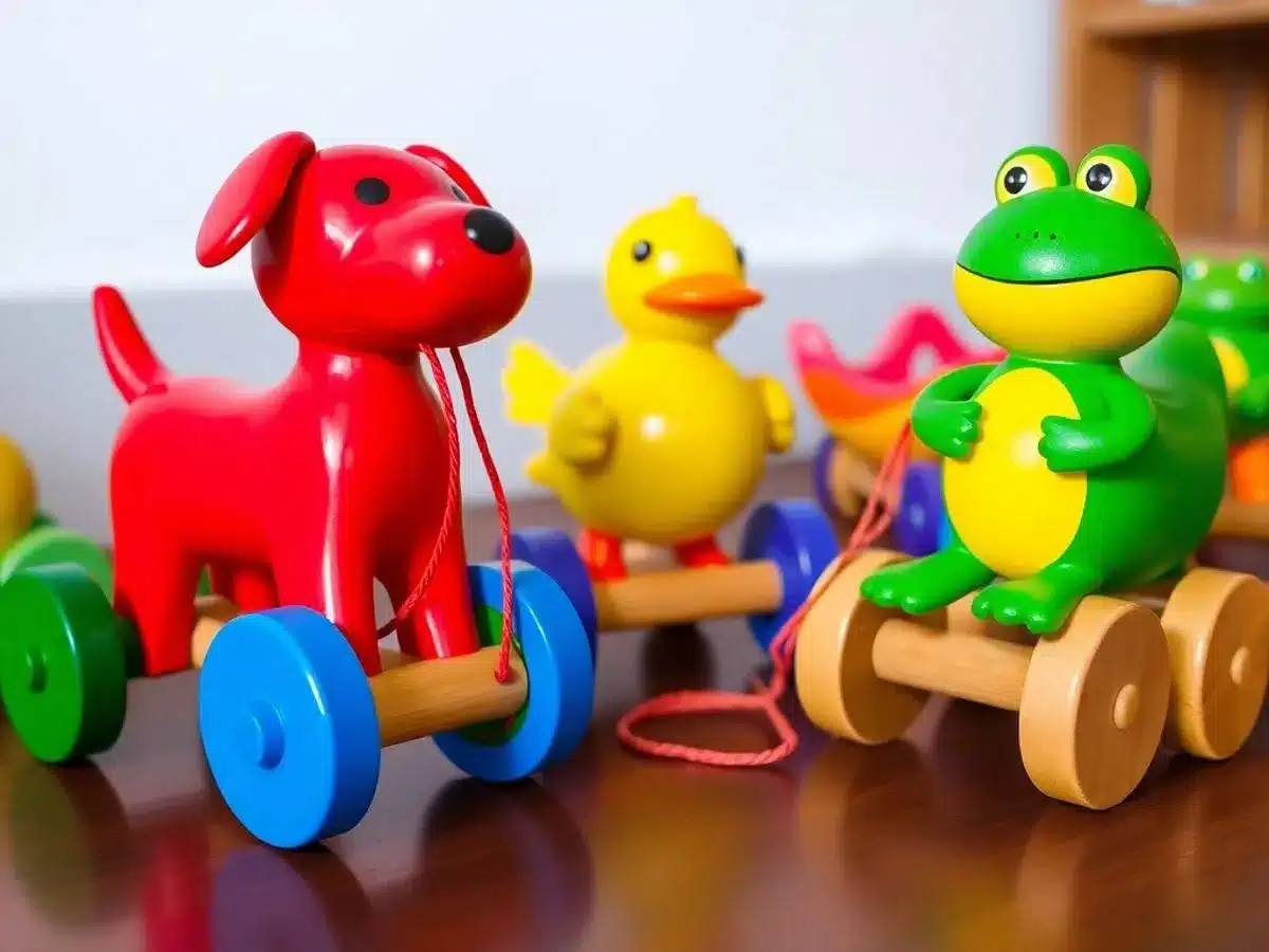 Colorful wooden pull-along animal toys for kids.