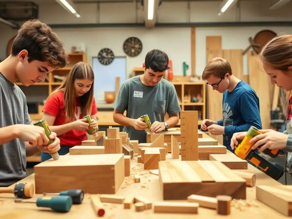 Teens working on woodworking projects in a bright workshop.