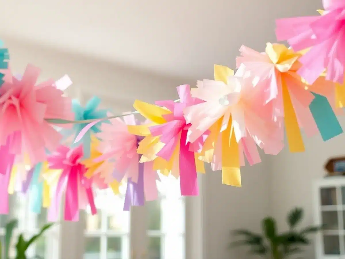 Colorful tissue paper garland hanging in a bright room.