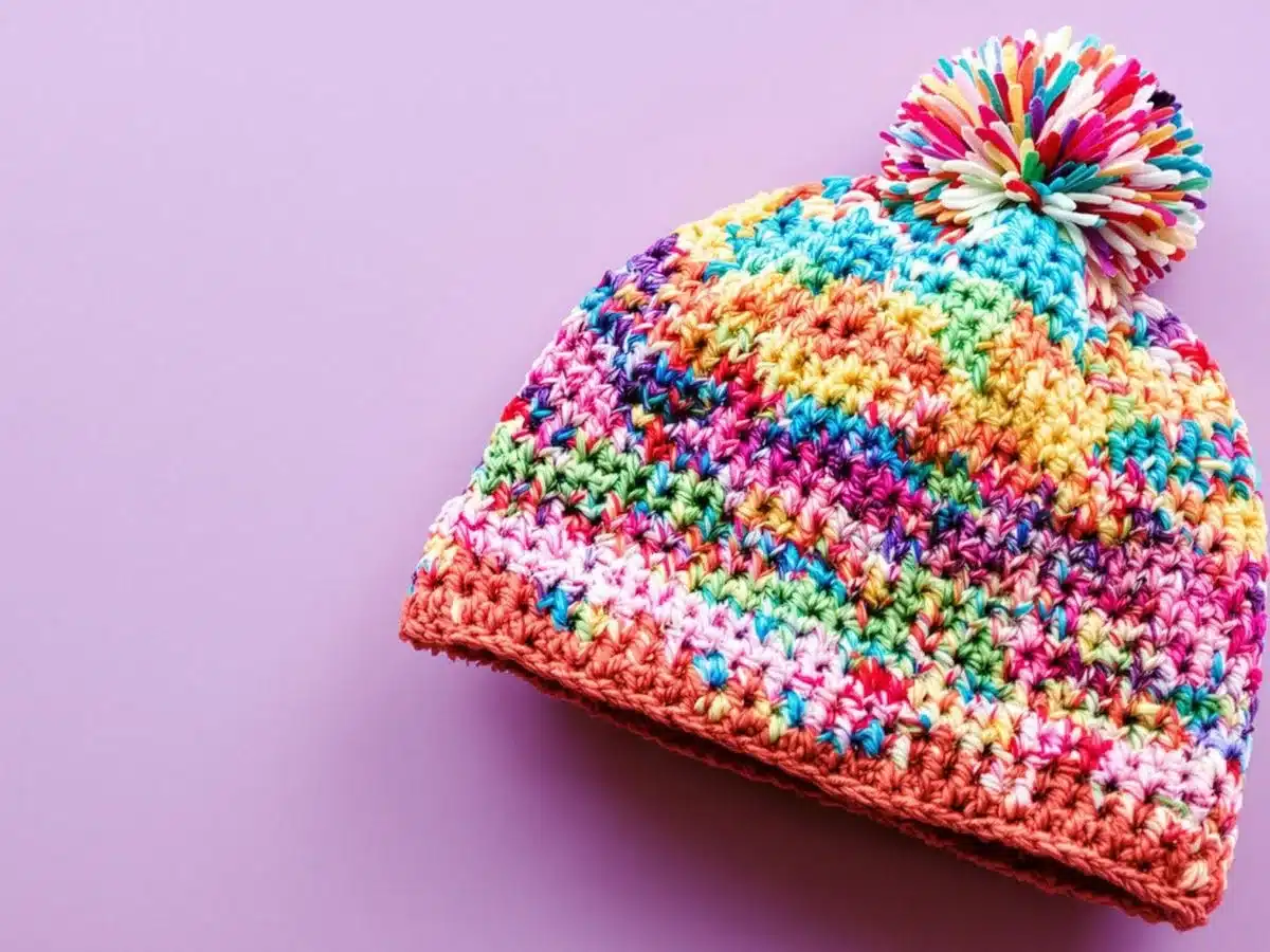 Colorful crochet beanie with intricate patterns and pom-pom.