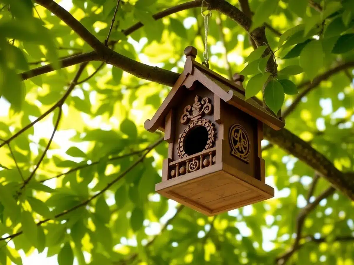 Wooden birdhouse on a tree branch in sunlight.