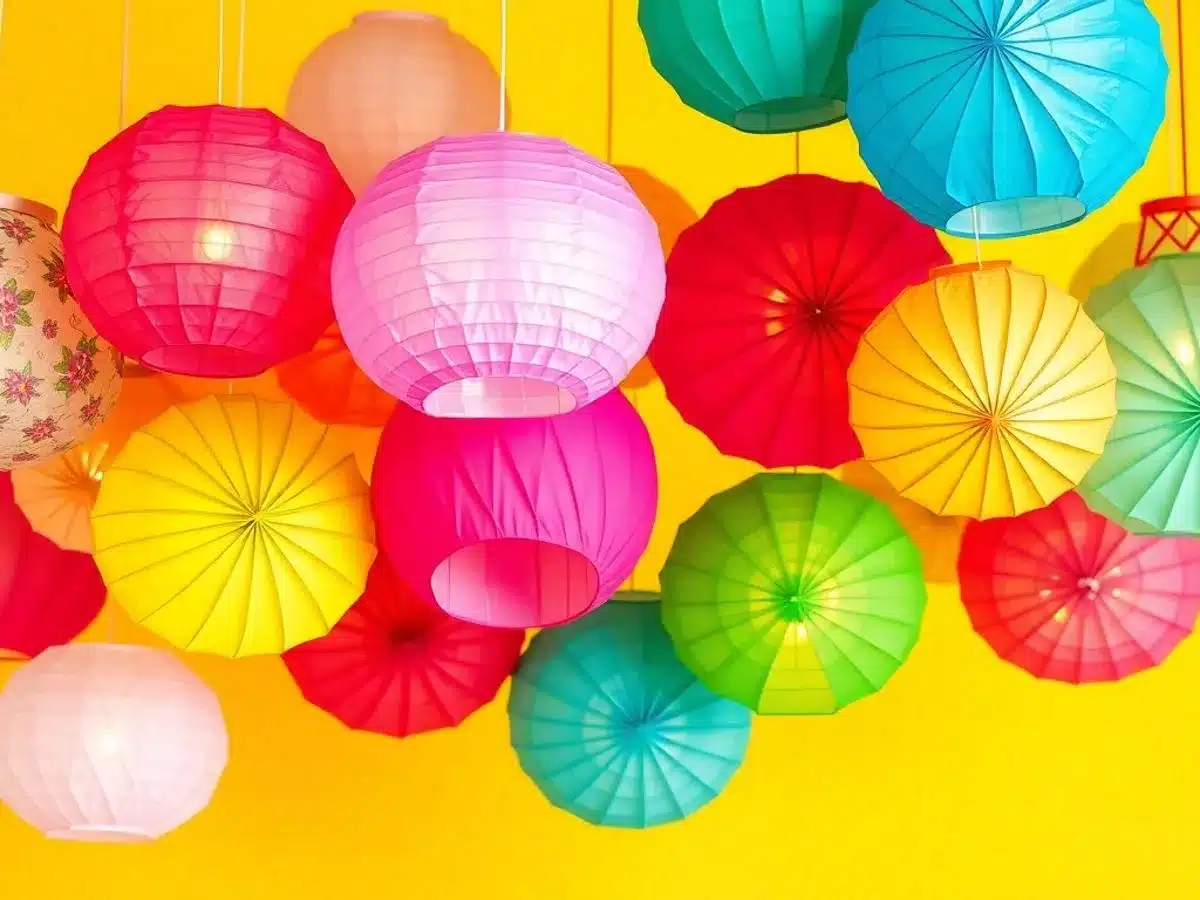 Colorful tissue paper lanterns hanging in various shapes.