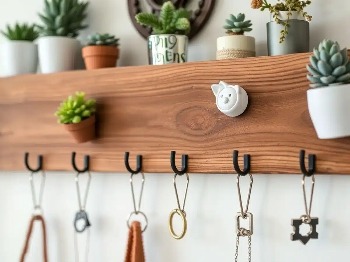 Wooden key hanger with hooks and decorative plants.