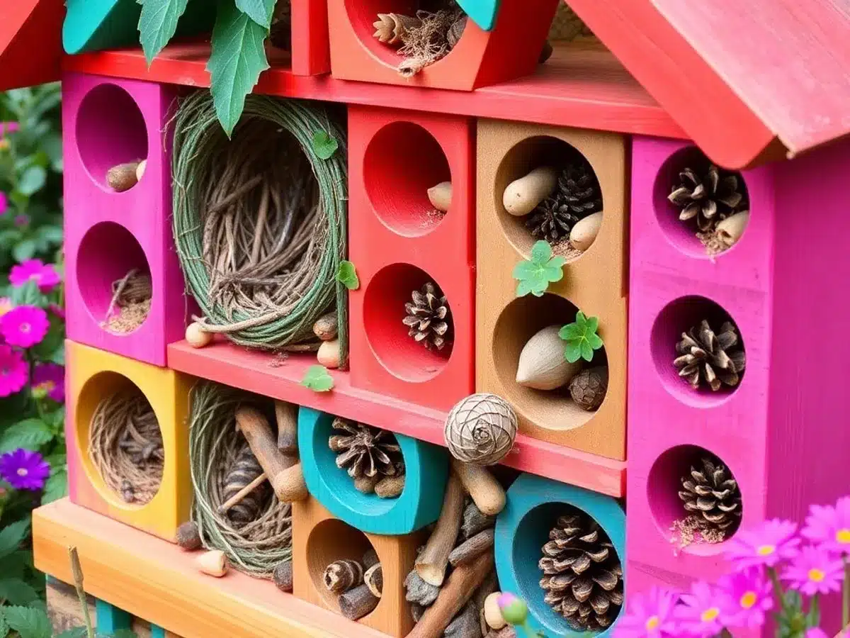 Colorful wooden bug hotel in a lush garden setting.