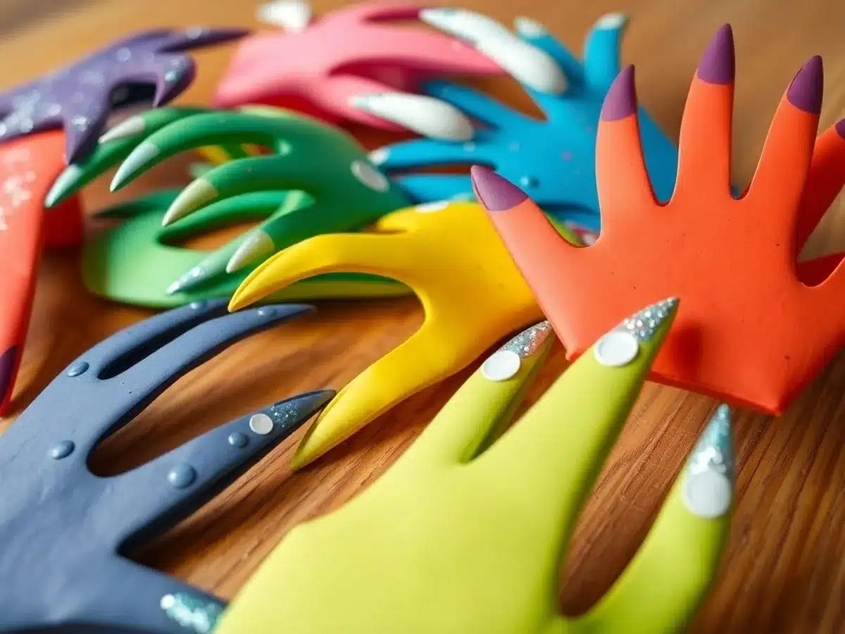 Colorful handmade paper claws on a wooden table.