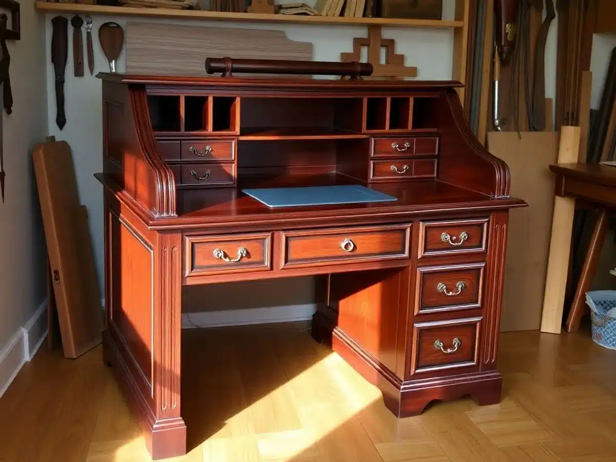 A finely crafted mahogany rolltop desk in a workspace.