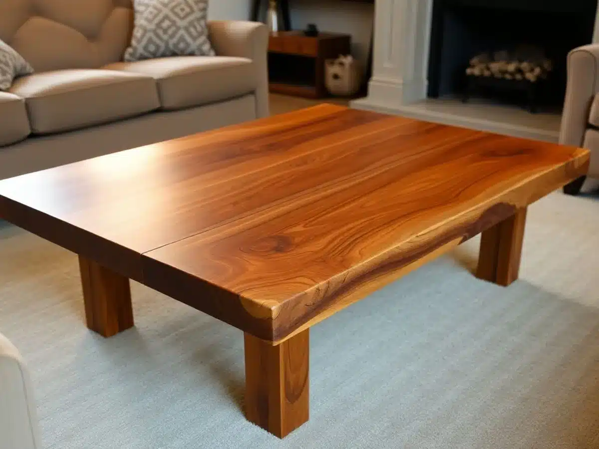 Crafted wooden coffee table in a cozy living room.
