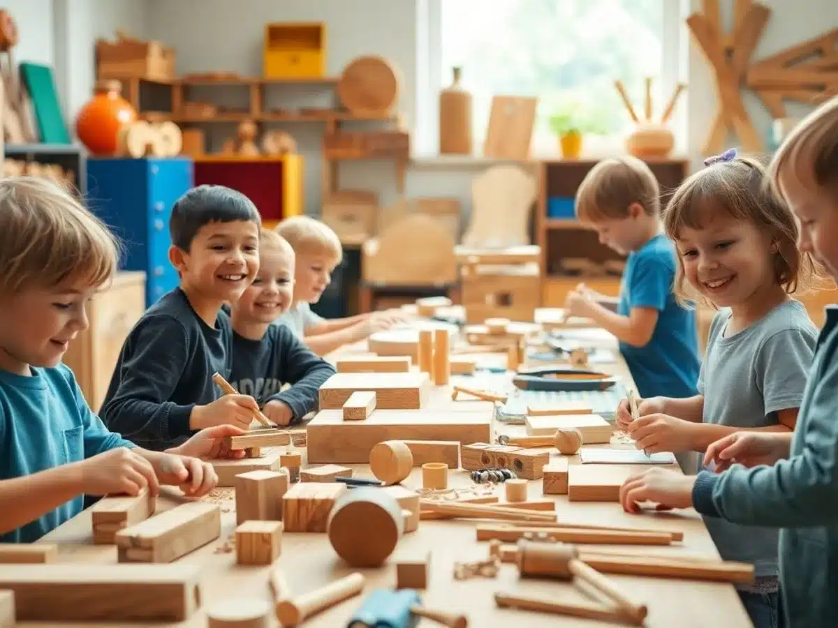 Children engaged in woodworking projects with colorful materials.