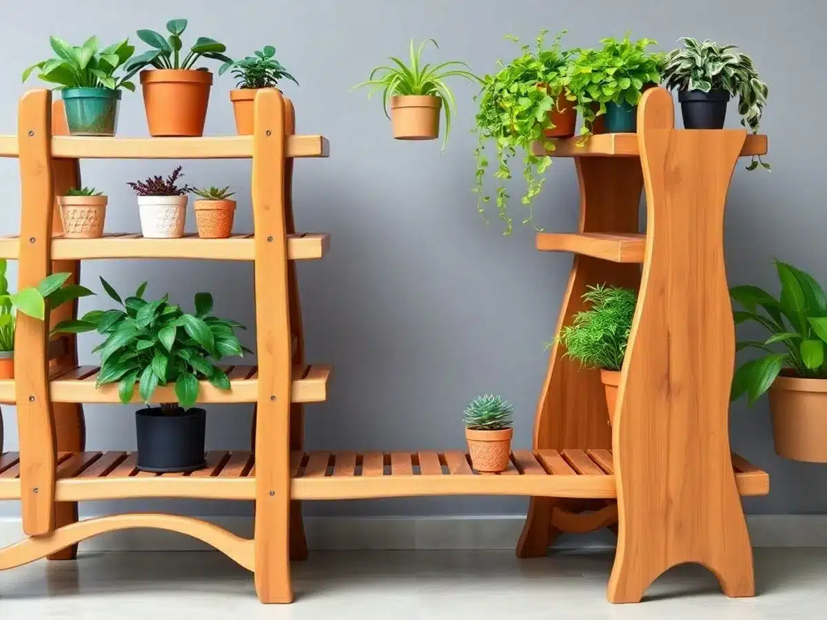 Wooden plant stand with potted plants displayed on it.