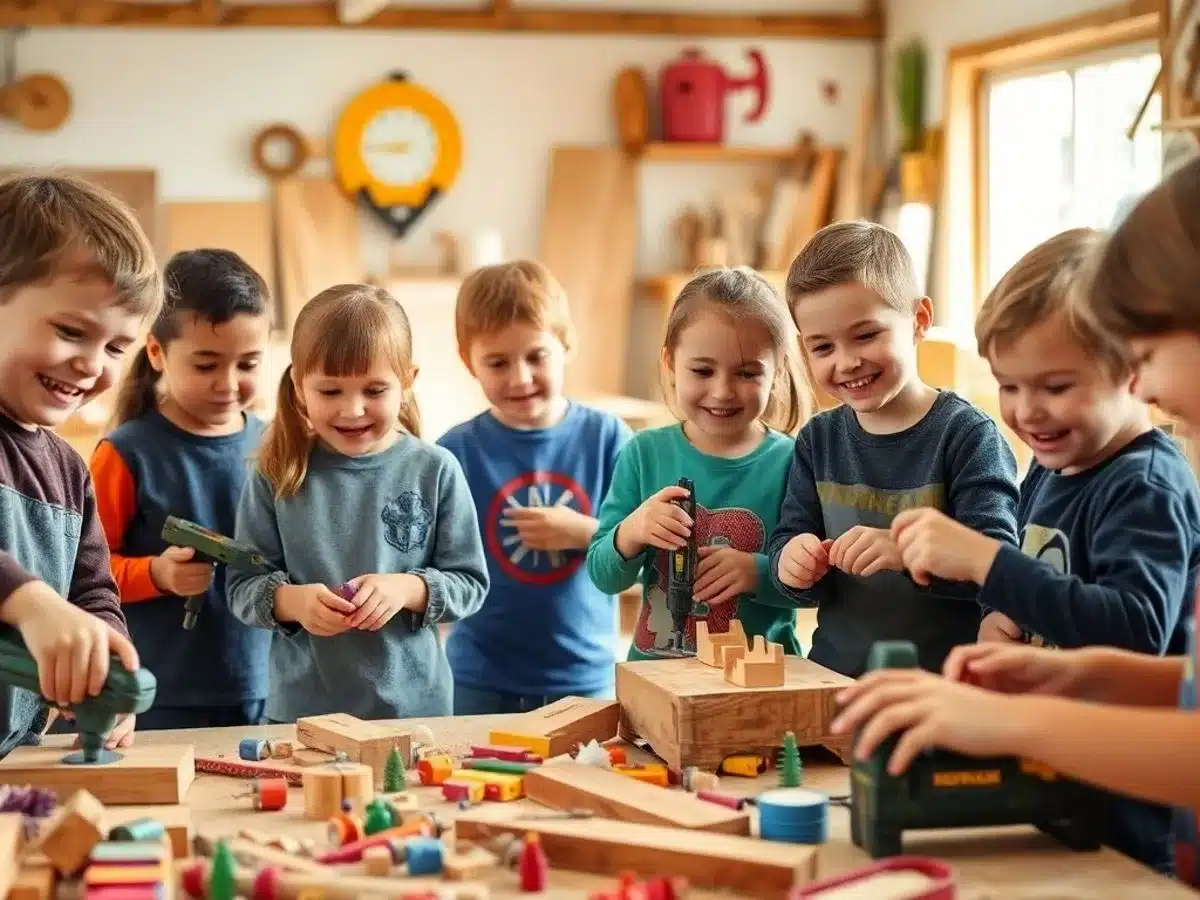 Kids happily working on woodworking projects together.