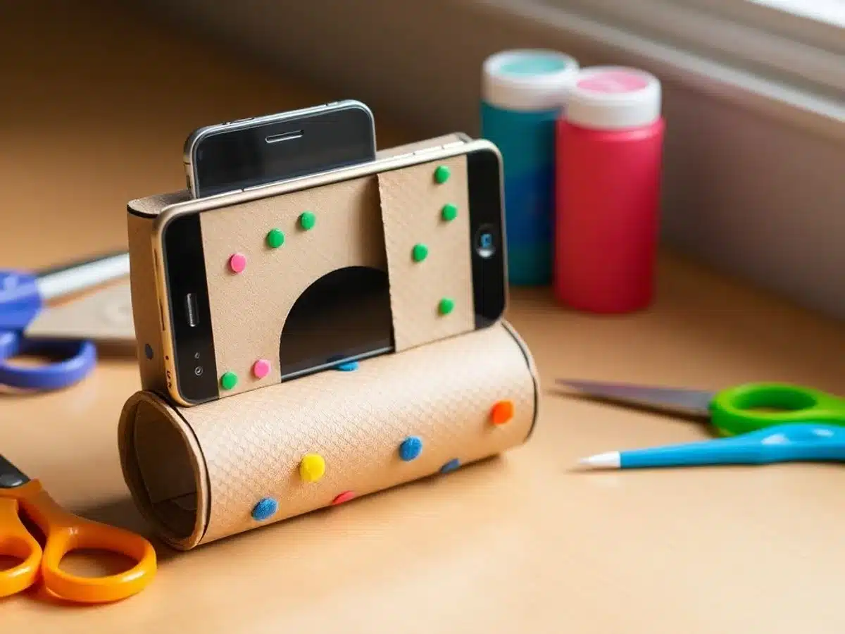 DIY phone holder and speaker from toilet paper rolls.