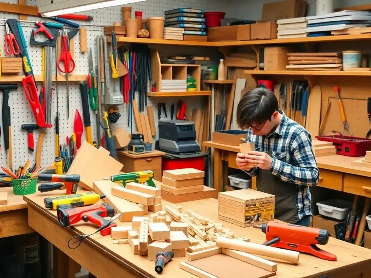 Beginner woodworker surrounded by tools and wooden projects.