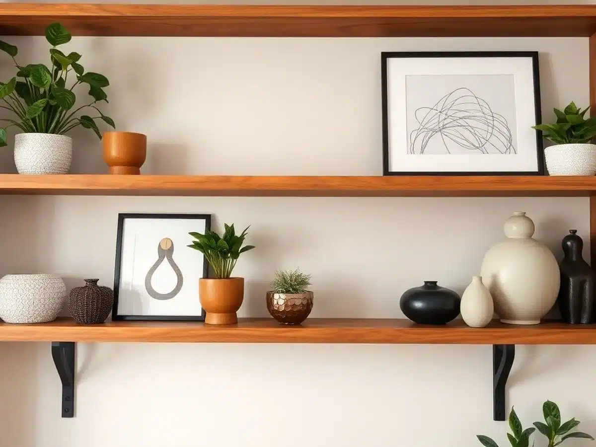 Wooden shelf with stylish decor and plants.