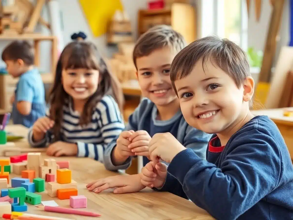 Children happily working on woodworking projects together.