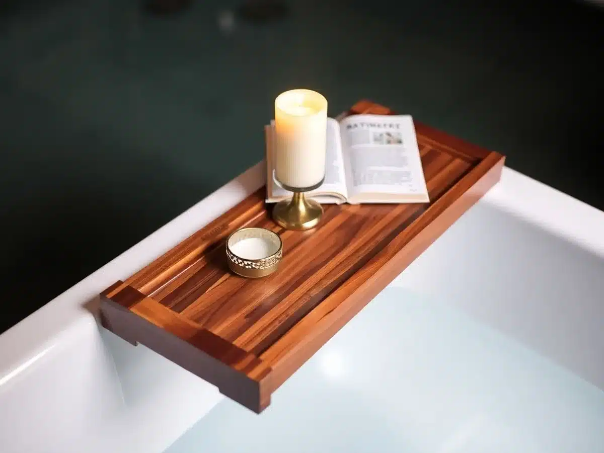 Wooden bath caddy with candle and book on bathtub. woodworking projects for beginners