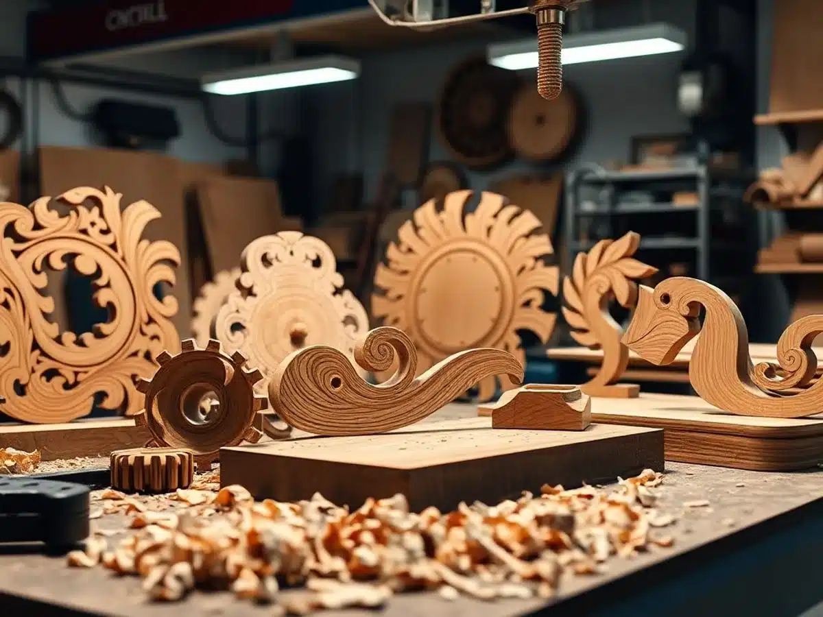Intricate CNC wood designs in a bright workshop setting.
