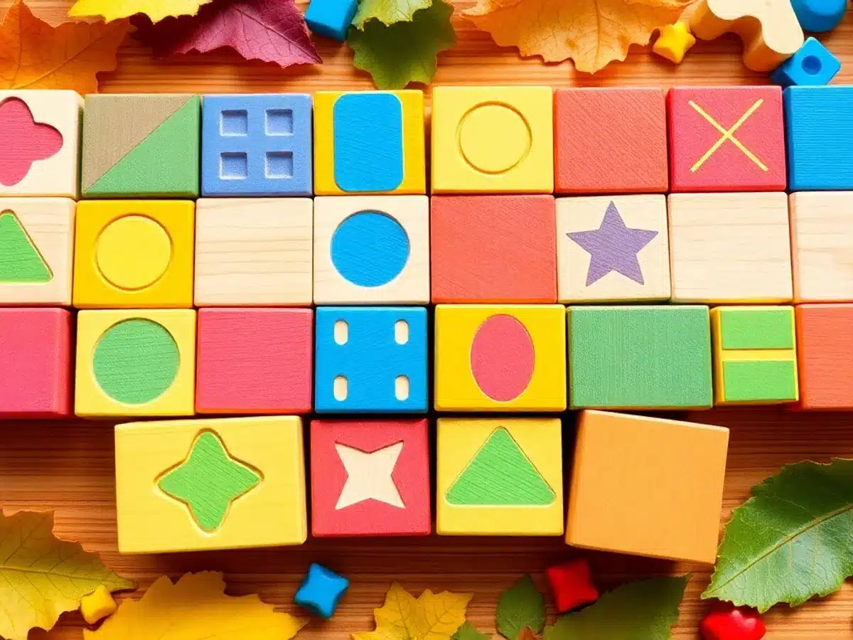 Colorful wooden memory game blocks for kids' play.
