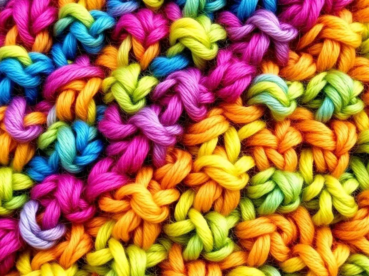 Close-up of moss stitch crochet in vibrant yarn.