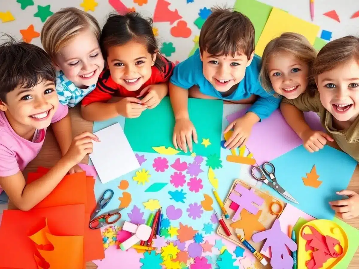 Paper Crafts for Kids - Children crafting colorful paper projects together at a table.