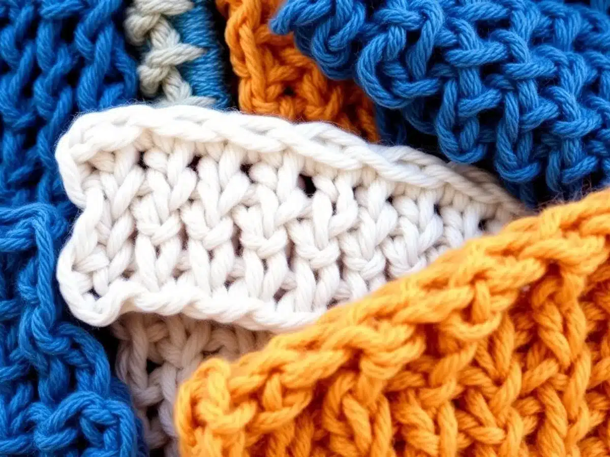 Colorful crochet swatches of moss stitch variations.