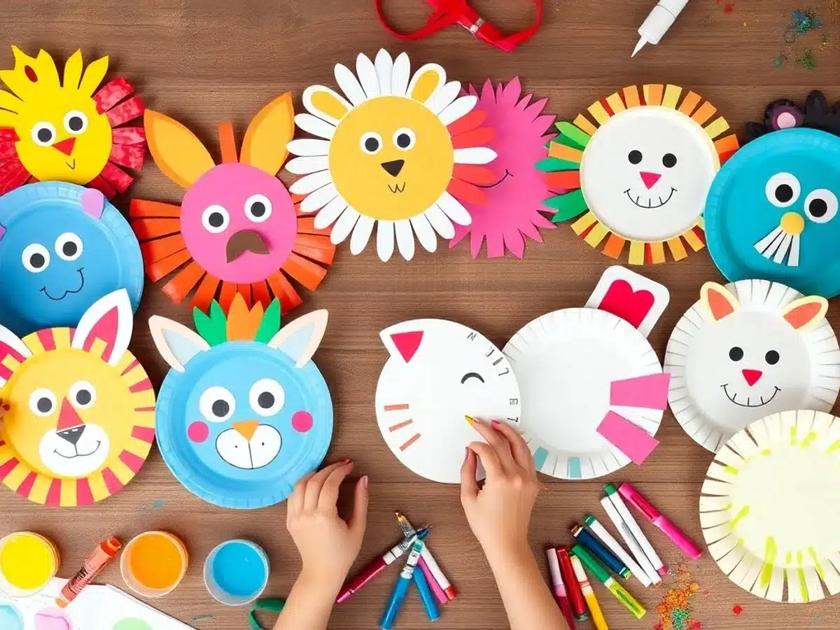 Colorful paper plate crafts created by children.