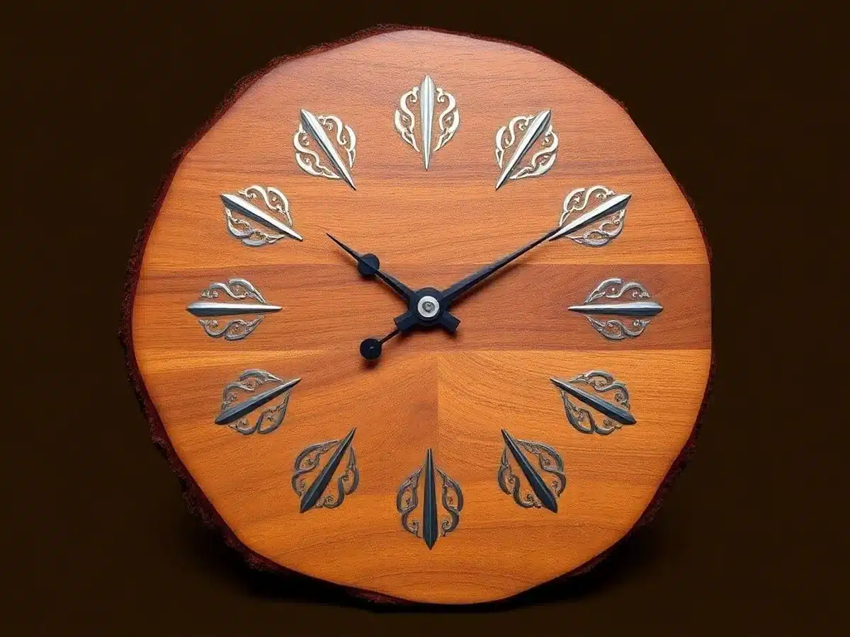 Wood clock with metal inlay, elegant craftsmanship, unique design.
