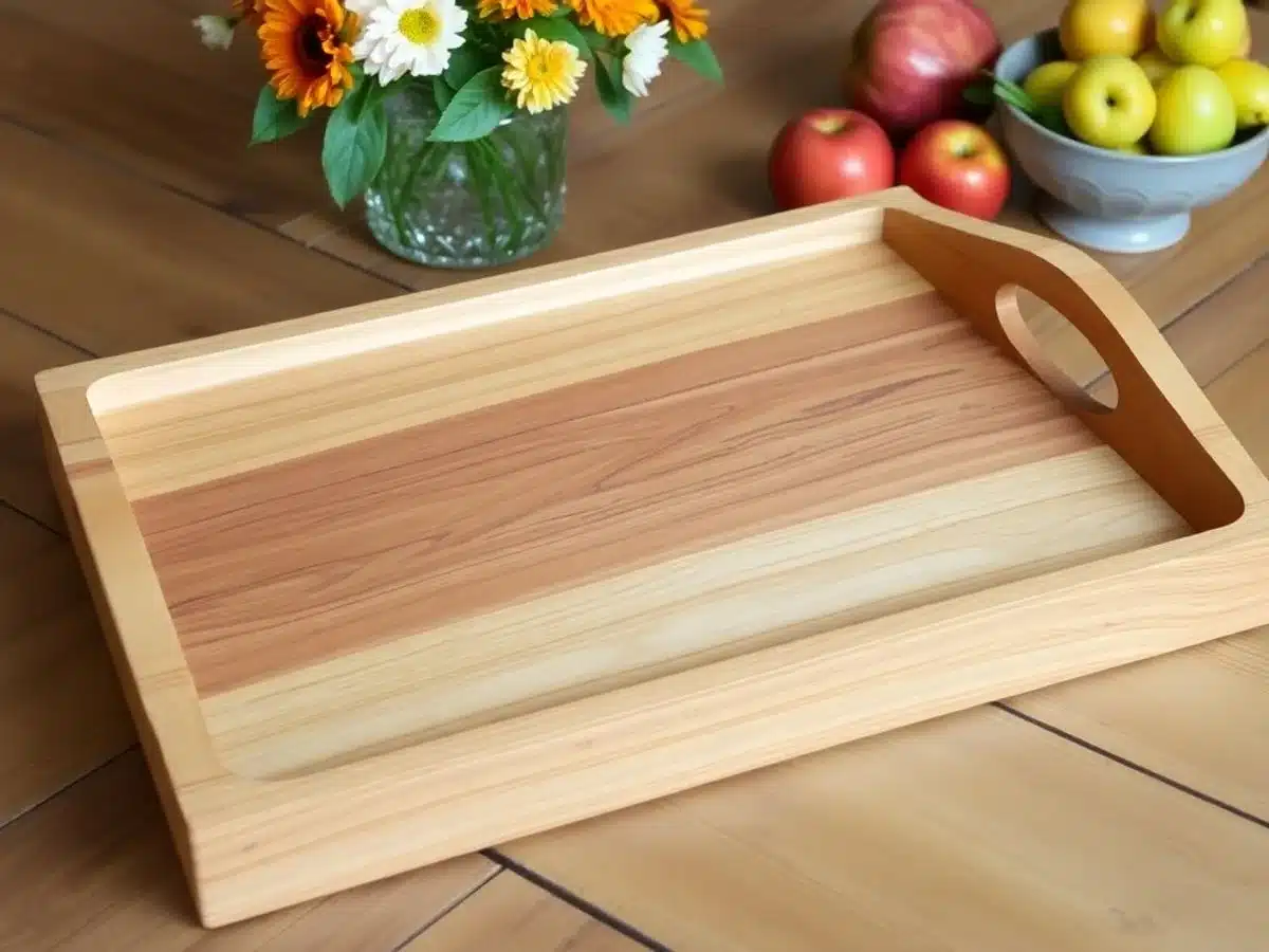 Wooden serving tray with handles and natural finish.