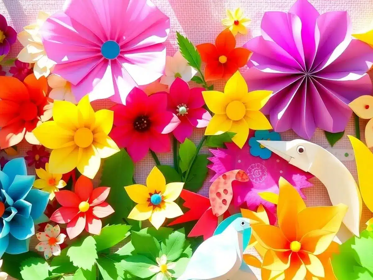 Colorful eco-friendly paper crafts displayed in natural light.
