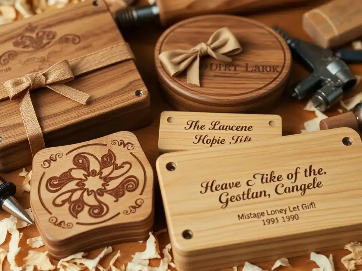 Handcrafted wooden gifts and keepsakes with intricate details.