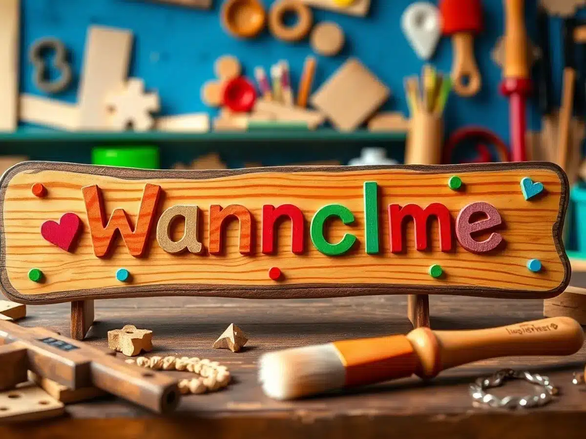 Colorful wooden nameplate in a cheerful workshop setting. Kids Woodworking Projects