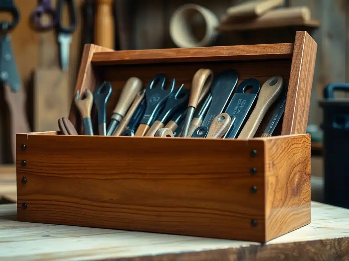 Wooden tool box with hand tools inside on a workbench.
