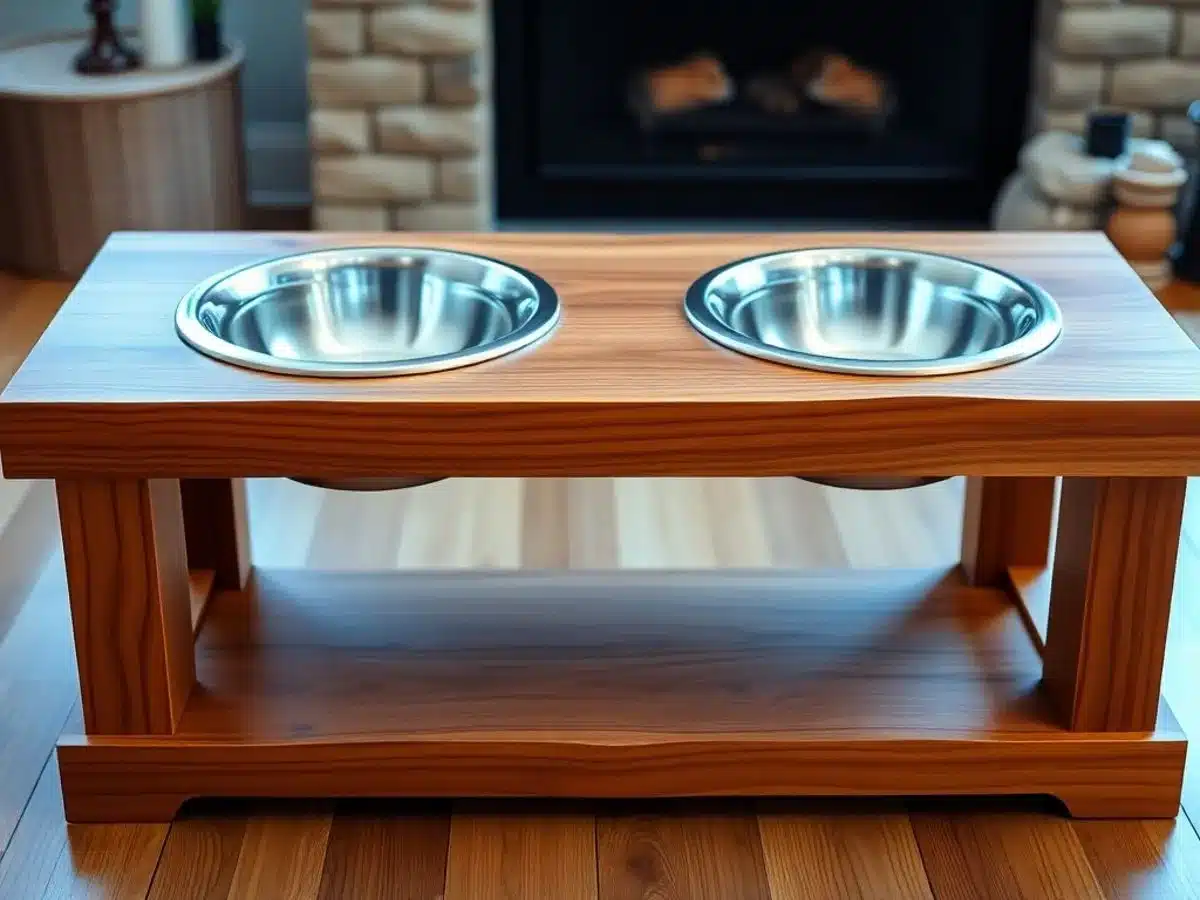 Wooden dog bowl stand with two bowls in home setting. Fun Woodworking Projects