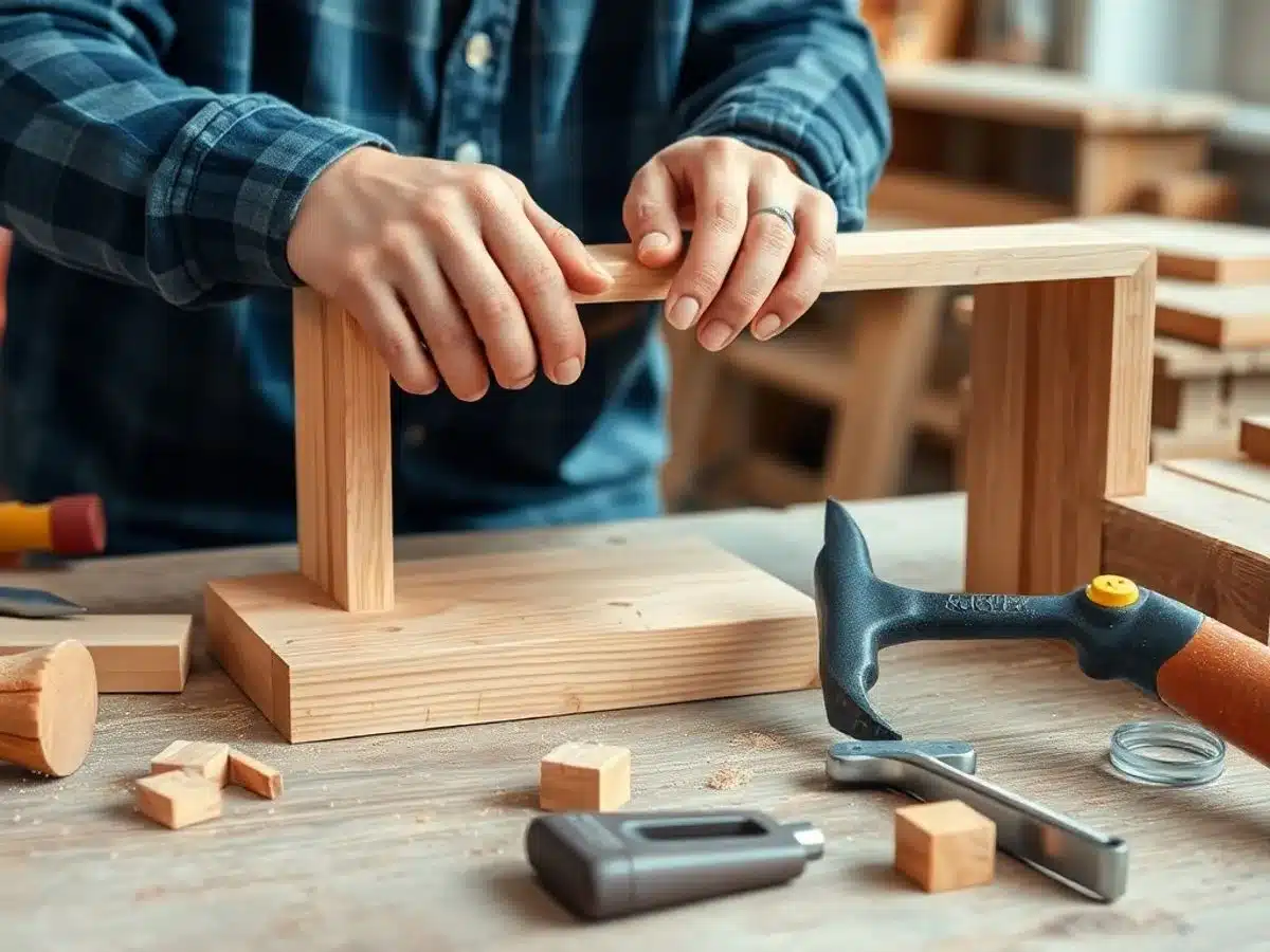 Beginner woodworking projects with tools and wooden pieces.
