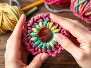 Hands forming a crochet magic ring with colorful yarn.