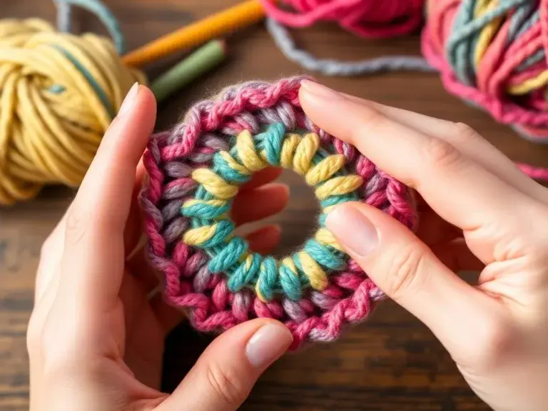 Hands forming a crochet magic ring with colorful yarn.