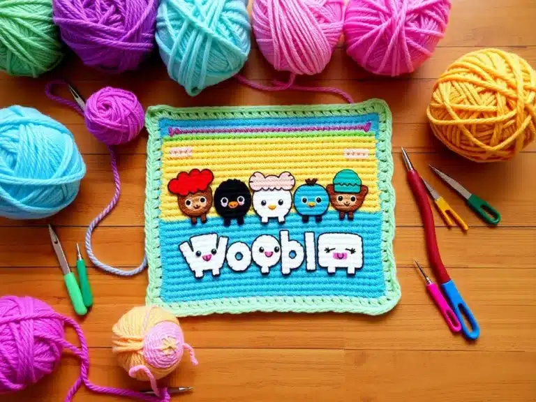 Colorful crochet projects with Woobles characters and yarn.