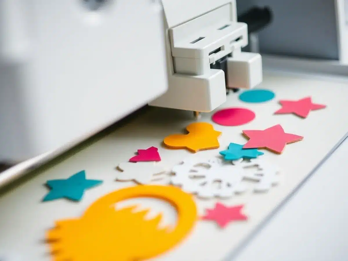 Close-up of a die cut machine cutting colorful materials.