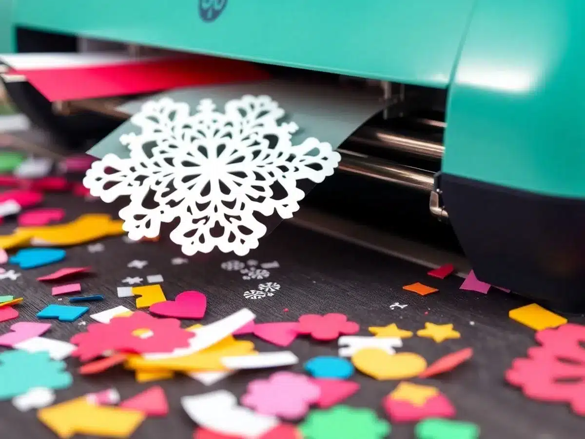 Close-up of a die cut machine with colorful materials.