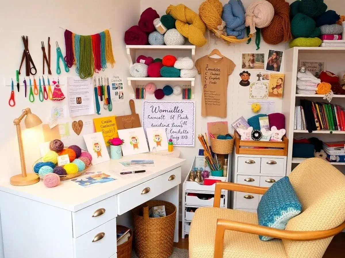 Colorful crochet supplies and cheerful Woobles projects.