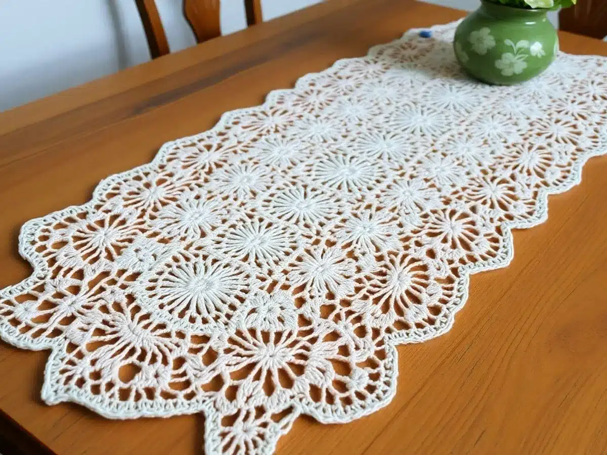Crocheted table runner on a wooden table, showcasing intricate patterns.