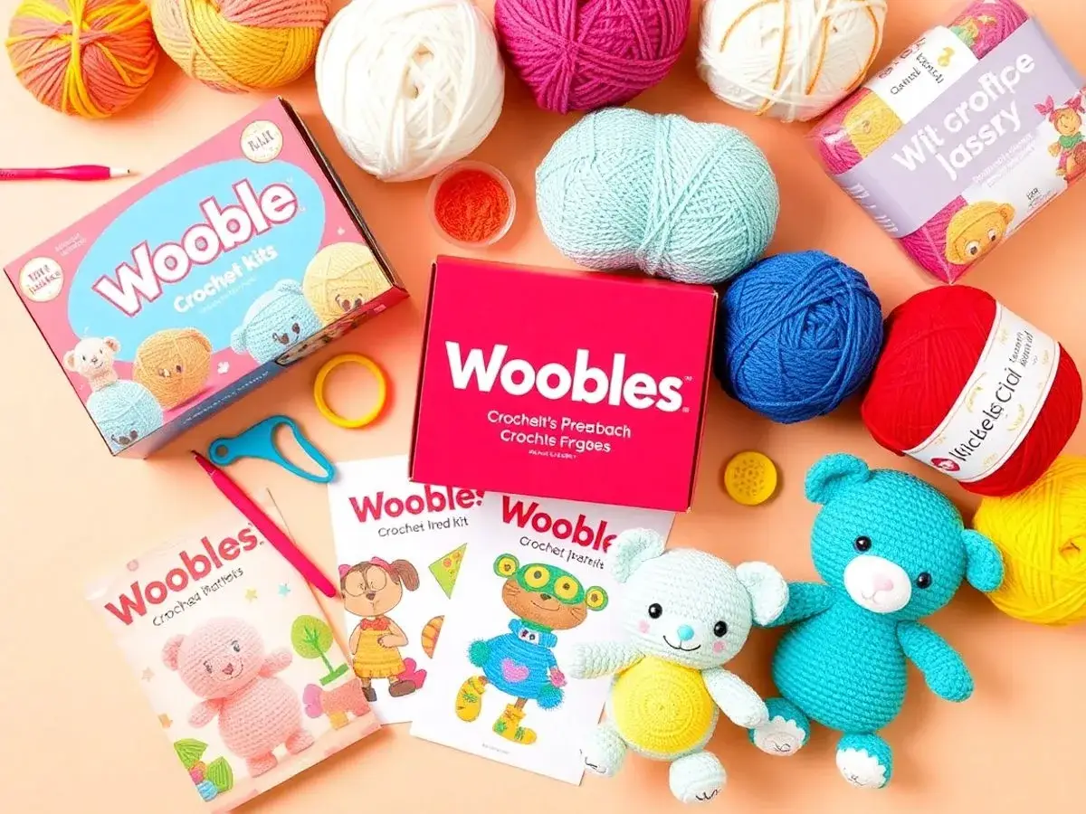 Colorful Woobles crochet kit with yarn and hooks.