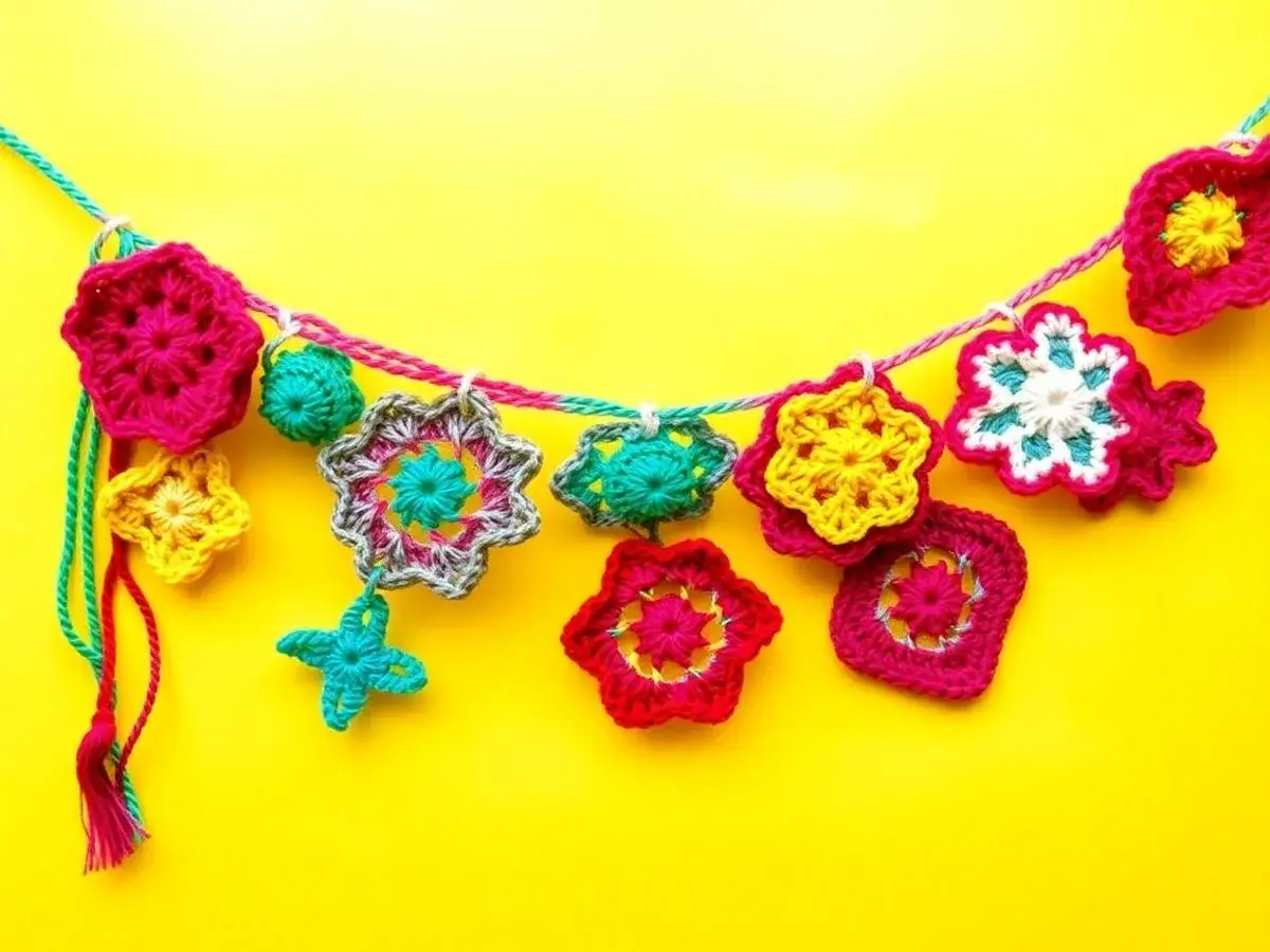 Colorful crochet garland with stars and hearts on display.