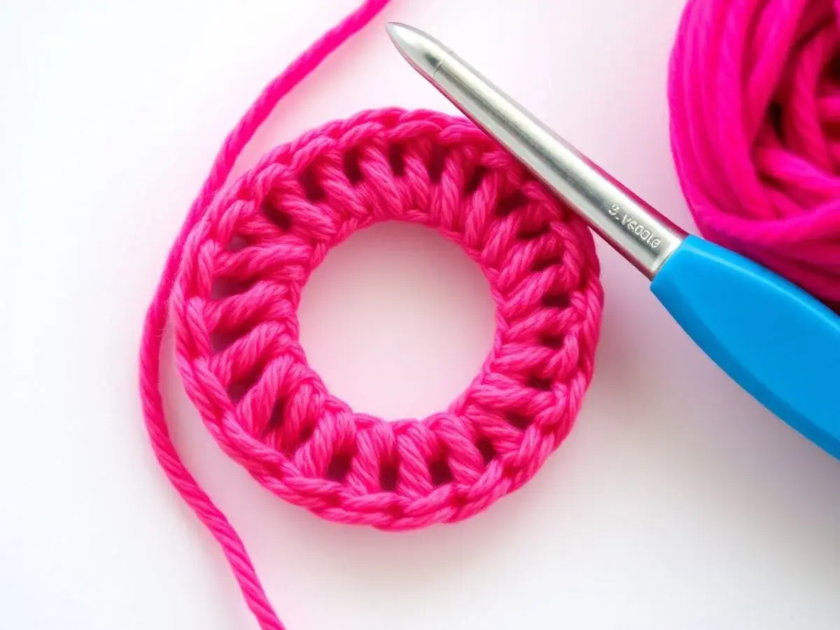 Colorful yarn and hook for crochet magic ring tutorial. 