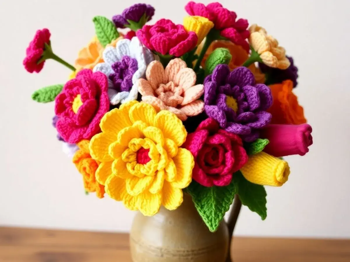 Crochet flower bouquet in a rustic vase. Easy Crochet