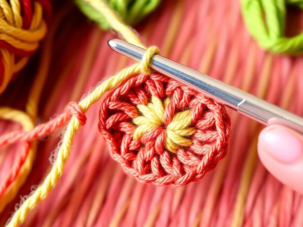 Crochet magic ring with colorful yarn and hook.