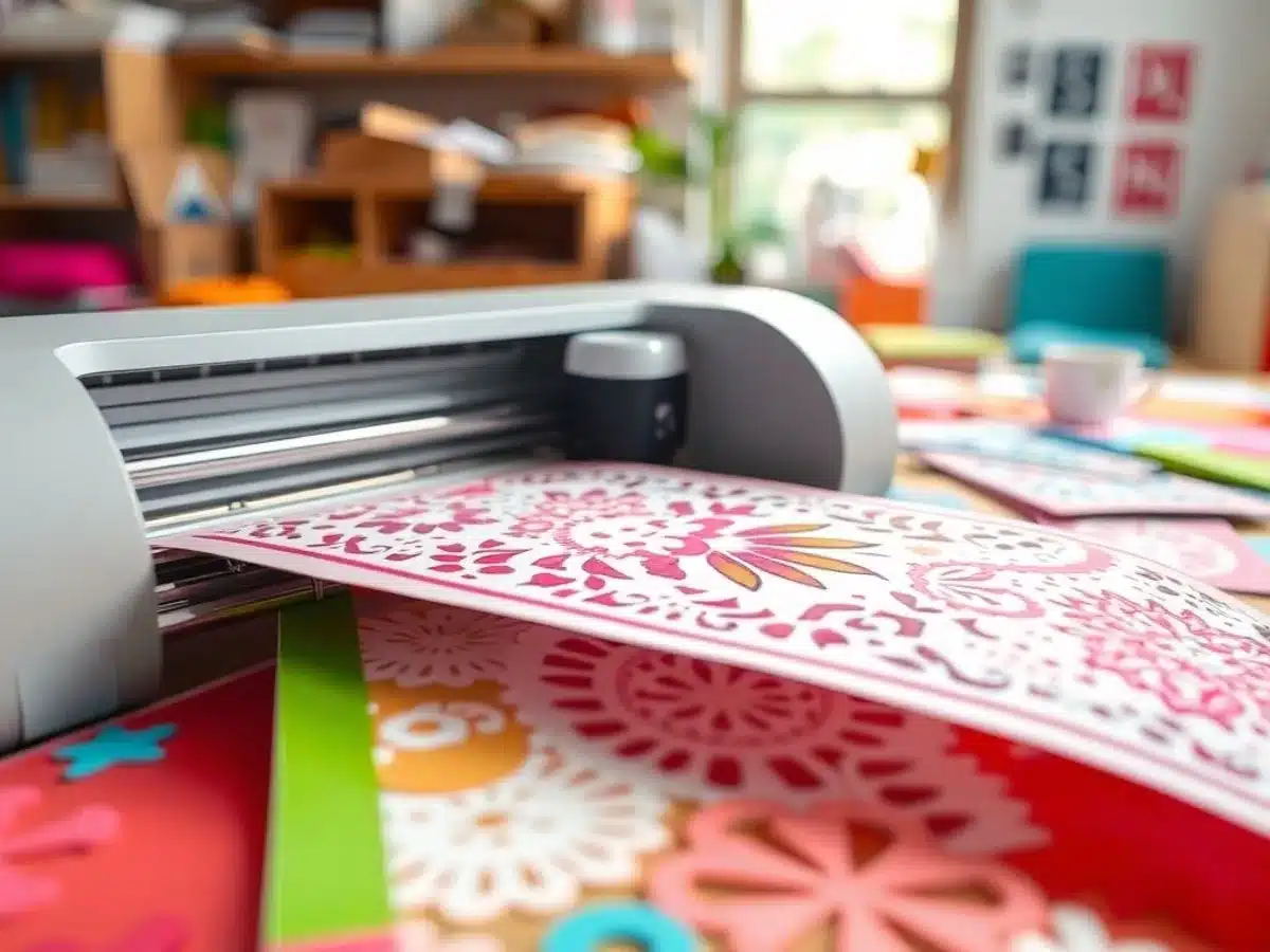 A die cut machine cutting colorful paper designs.