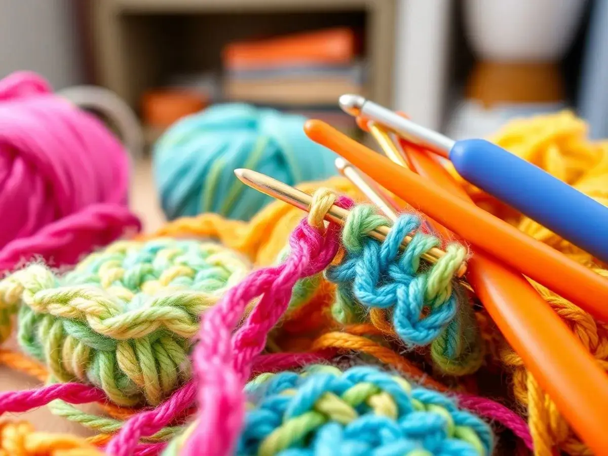 Colorful crochet yarn and hooks in a cozy workspace.