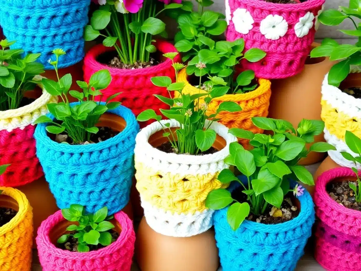 Colorful crochet flower pot covers with plants inside.